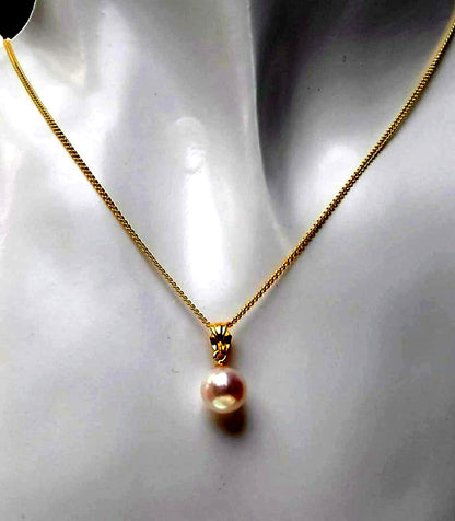 SV925 necklace with single round 8mm white pink Akoya pearl on gold color silver chain 40cm