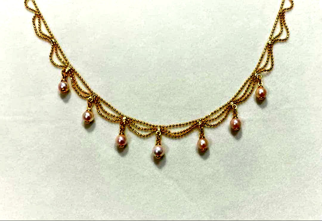 Akoya Pearl Pink Necklace featuring 7 pearls sized 5.5-6.5mm with high luster and brass K18 coated clasp