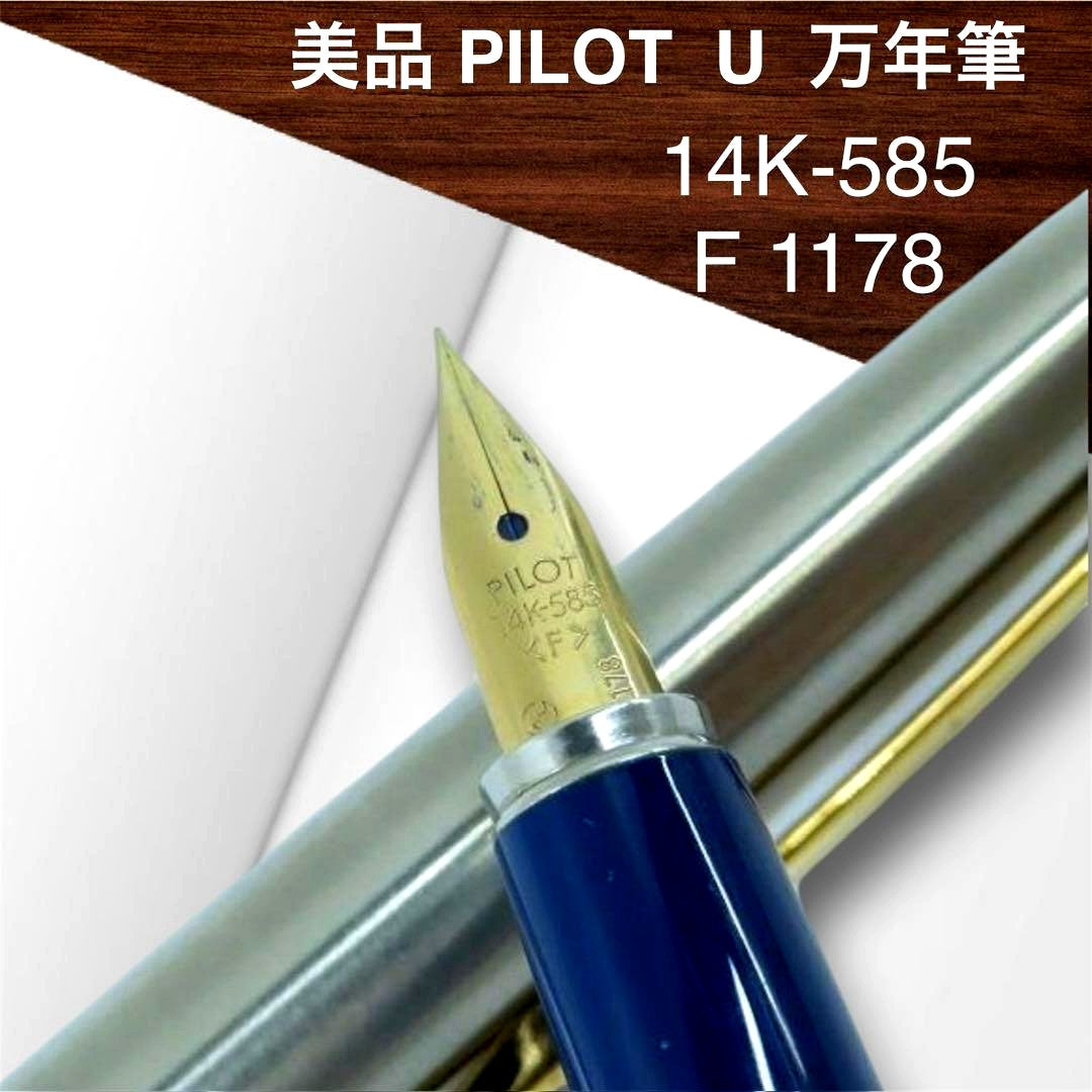 Pilot U fountain pen with 14K-585 fine tip in silver and gold color displayed with genuine case