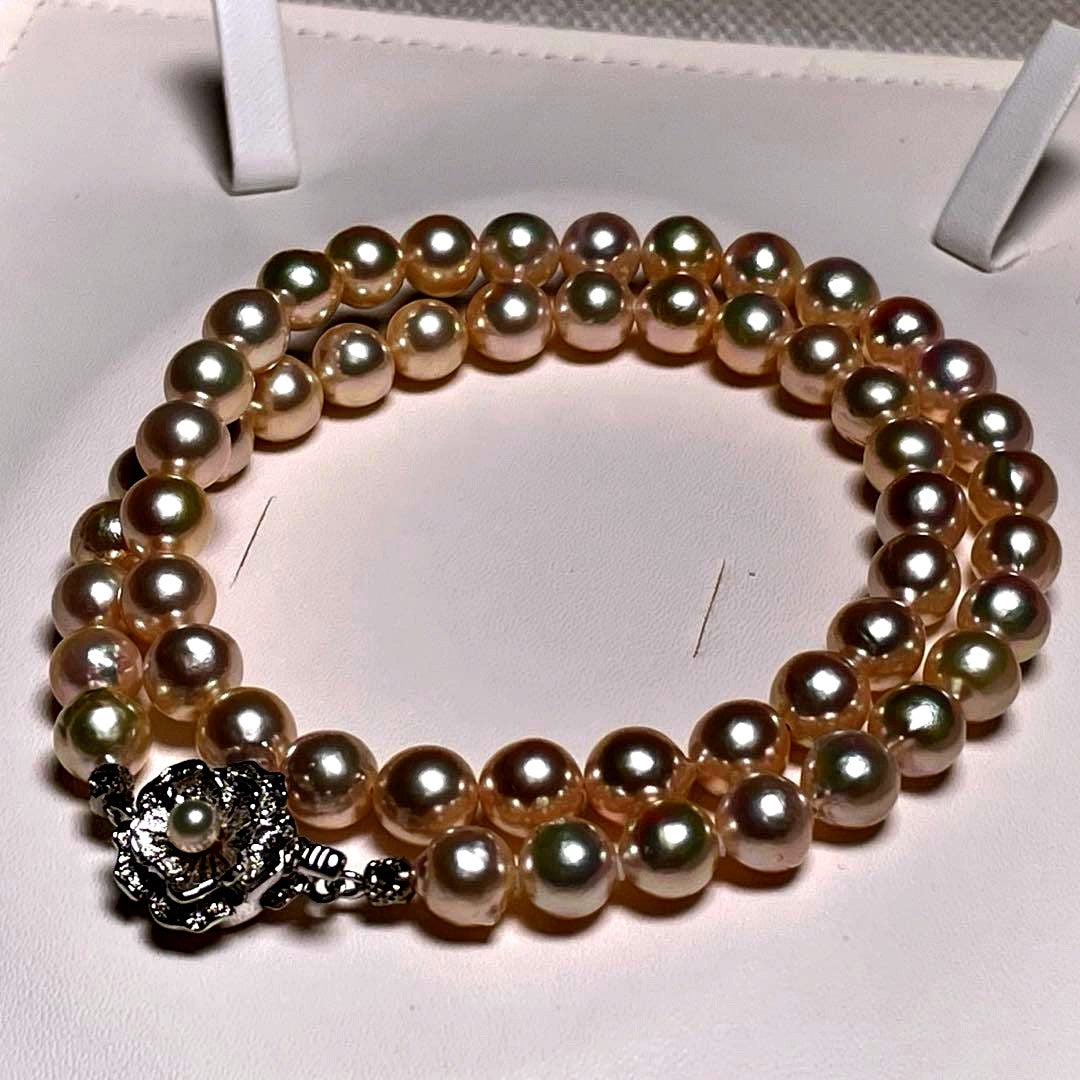 Akoya Pearl Large Round Hanadama Class Teri Coated Necklace with 7.4-8.0mm white semi-round pearls on silver chain