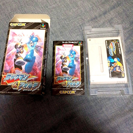Super Famicom Rockman & Forte game cartridge with outer box and manual by CAPCOM