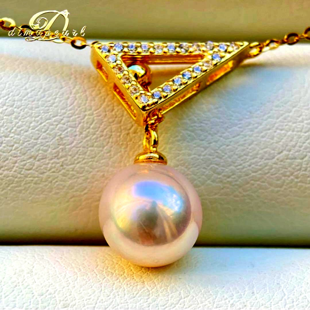 Hon-American Pearl Akoya 8.9mm white pink semi-round pearl necklace with S925 18k finish and cubic zirconia stones