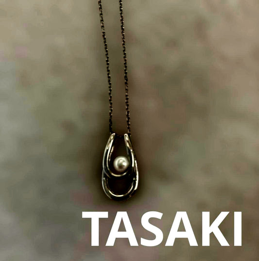 TASAKI silver necklace with a 1 pearl drop pendant and double loop chain, pendant size 1.85 cm by 1 cm