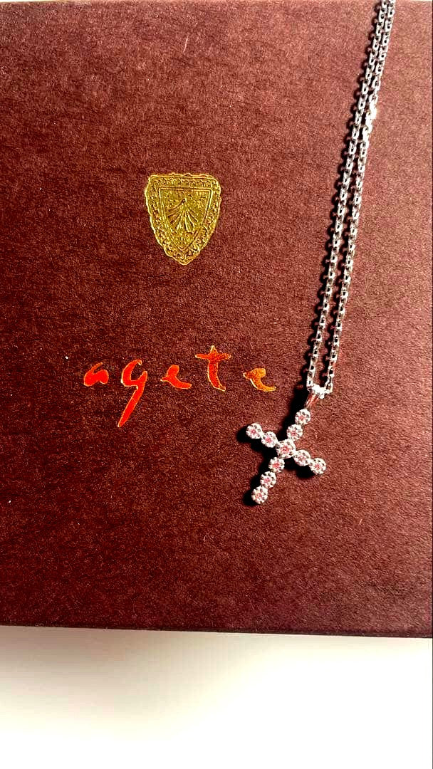 Agete silver cross charm necklace with 40 cm SV925 chain and 2x1 cm SV950 charm featuring zirconia stone
