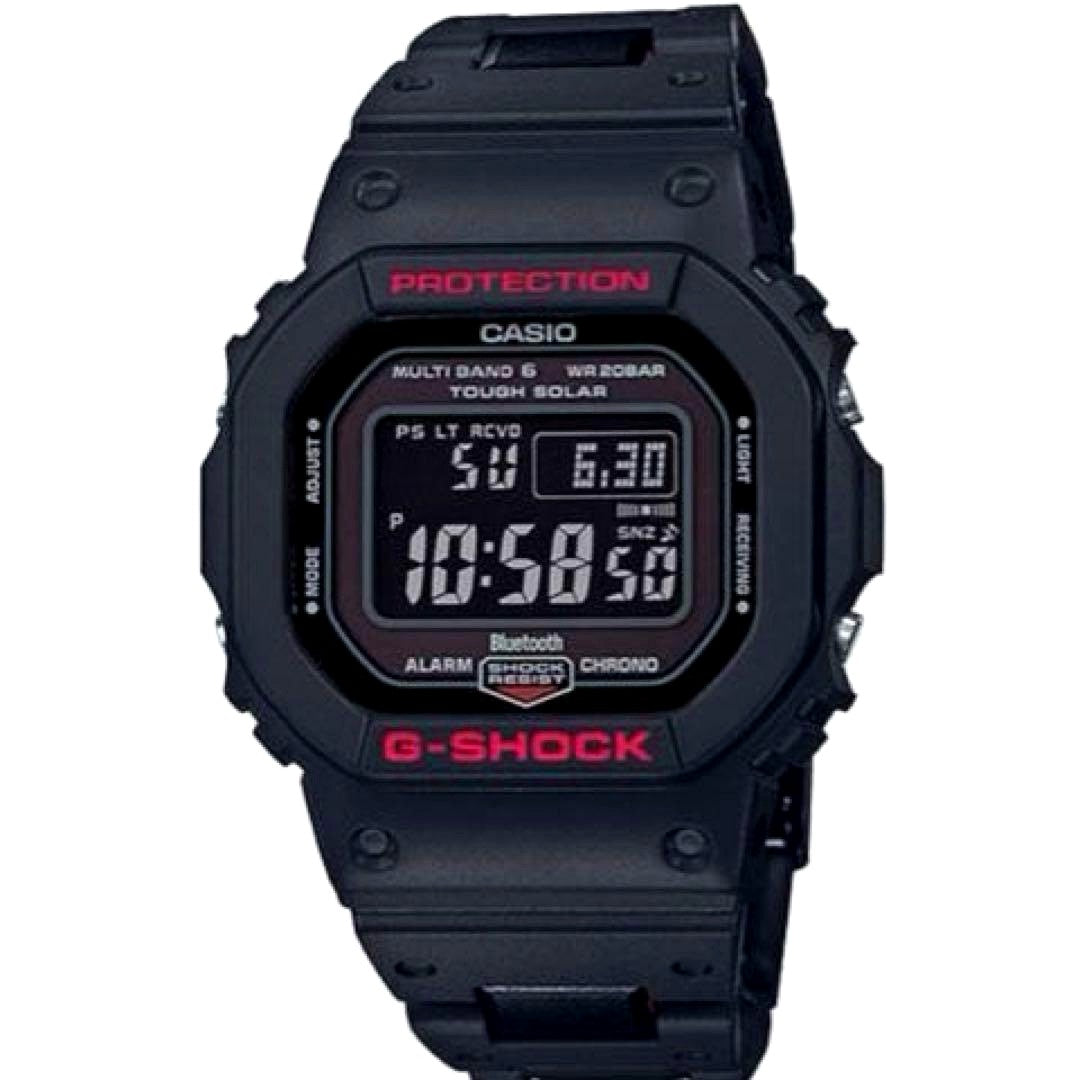 Casio G-Shock GW-B5600HR-1JF Solar Bluetooth digital watch with black and red band, showing digital display