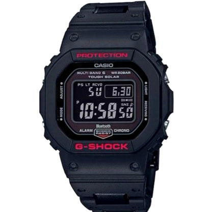 Casio G-Shock GW-B5600HR-1JF Solar Bluetooth digital watch with black and red band, showing digital display