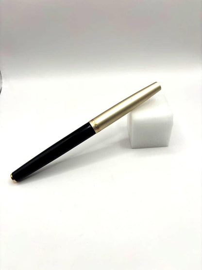 Pilot fountain pen with 14K inset nib, black barrel, and silver cap
