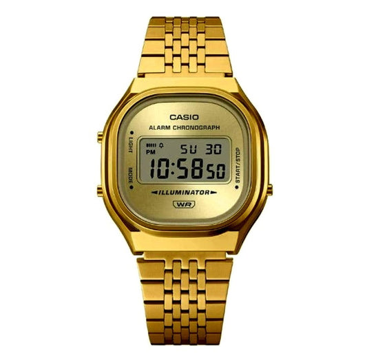 Casio A140WEG-9AJF classic digital watch in gold color with rectangular display and metal band