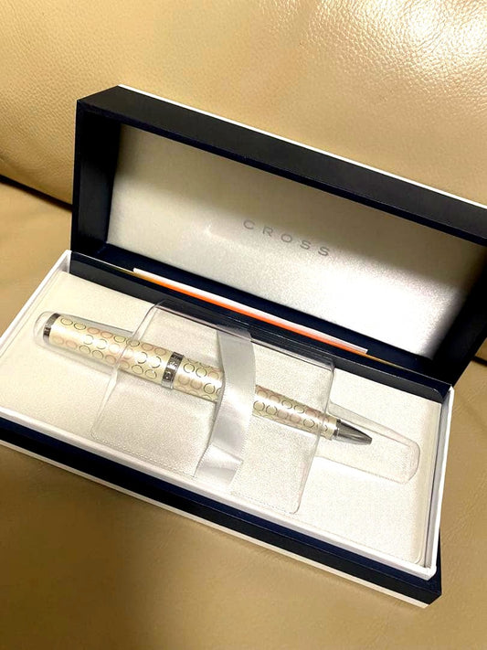 Cross white metal ballpoint pen with round pattern design and gift box with ribbon