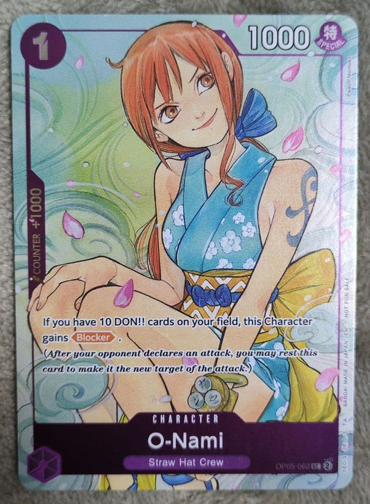 Onami One Piece card game overseas edition Japan import showing card OP05-062 illustrated by Peach Momoko