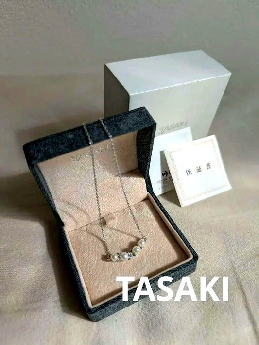 Tasaki Baby Pearl Silver Necklace with white baby pearls, adjustable 200mm length, displayed with certificate and box