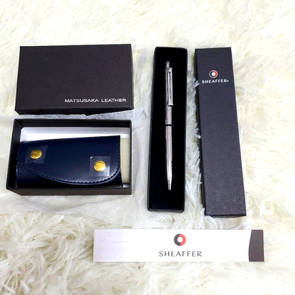 Sheaffer Cross ballpoint pen with compact MATSUSAKA LEATHER key case in black
