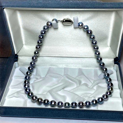 B2227 large Akoya pearl necklace with natural gray pearls sized 8.5-9.0mm, 42 cm length