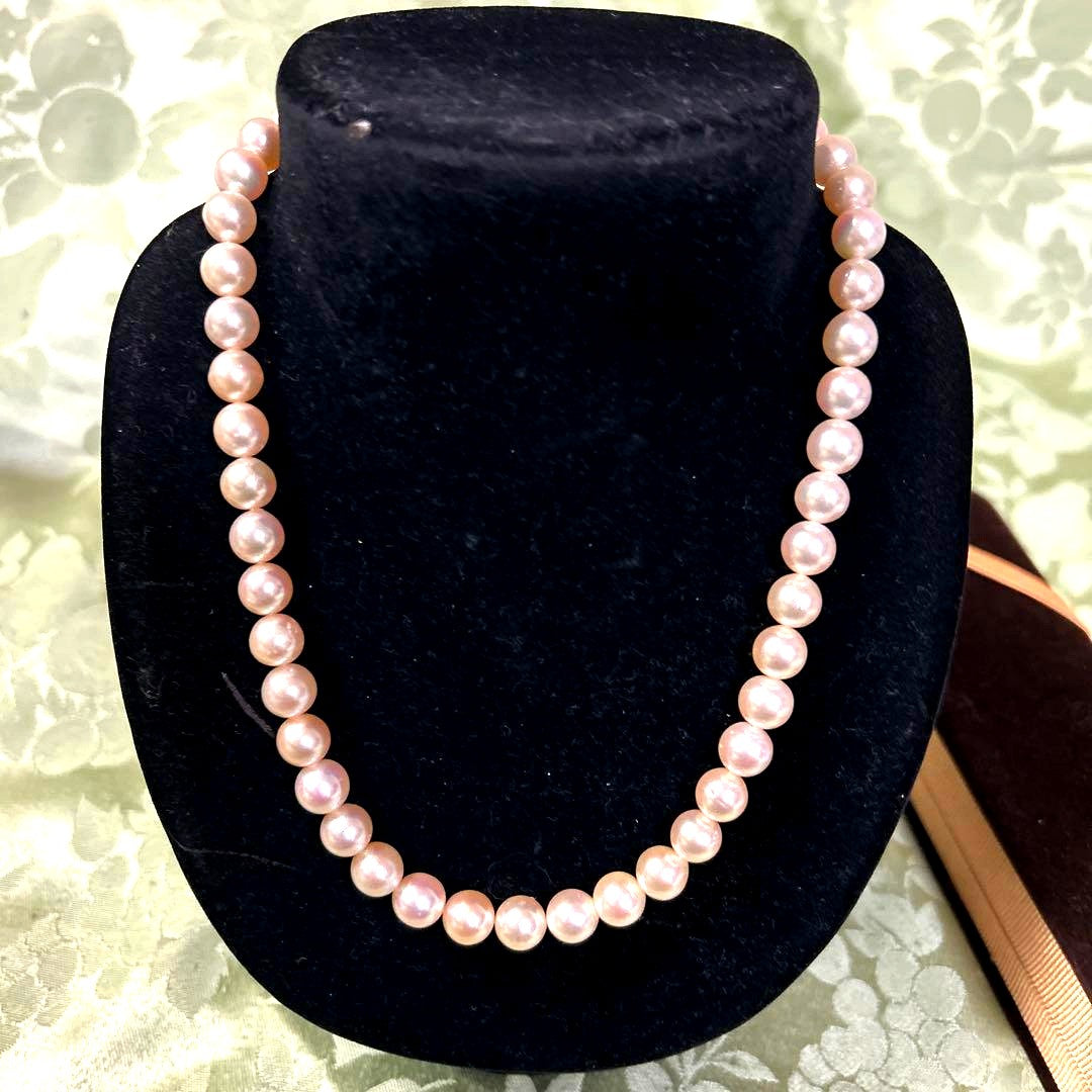 Domestic Akoya pearl necklace with large 8 millimeter pearls measuring 43 centimeters in length