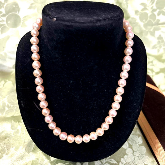 Domestic Akoya pearl necklace with large 8 millimeter pearls measuring 43 centimeters in length