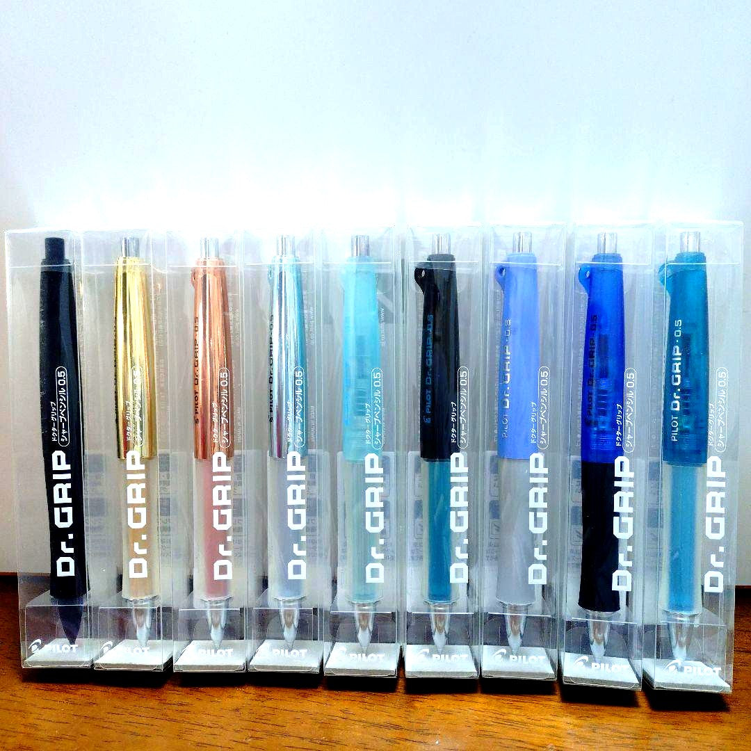 PILOT Dr. GRIP 30th Anniversary mechanical pencil 10 pack in various colors including Black Matte, Gold, Pink Gold, and Blue Silver