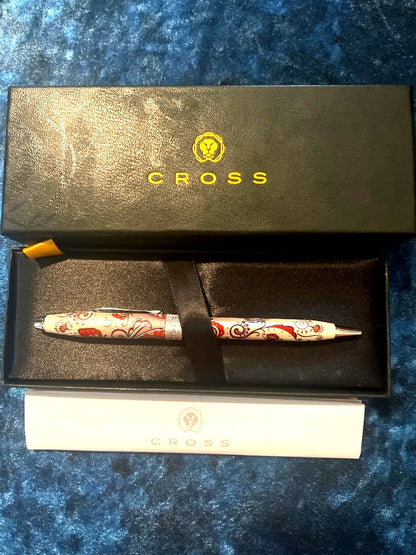 CROSS ballpoint pen with white and red flower pattern, metal body, shown with dedicated box and instruction sheet