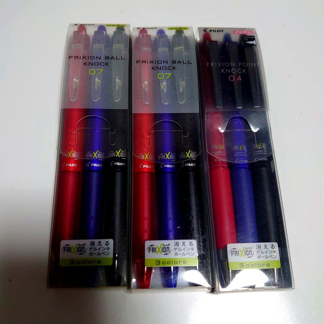 Pilot Friction Ball Knock erasable ballpoint pen with 3 colors and 0.4mm and 0.7mm tip sizes