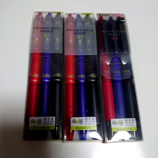 Pilot Friction Ball Knock erasable ballpoint pen with 3 colors and 0.4mm and 0.7mm tip sizes