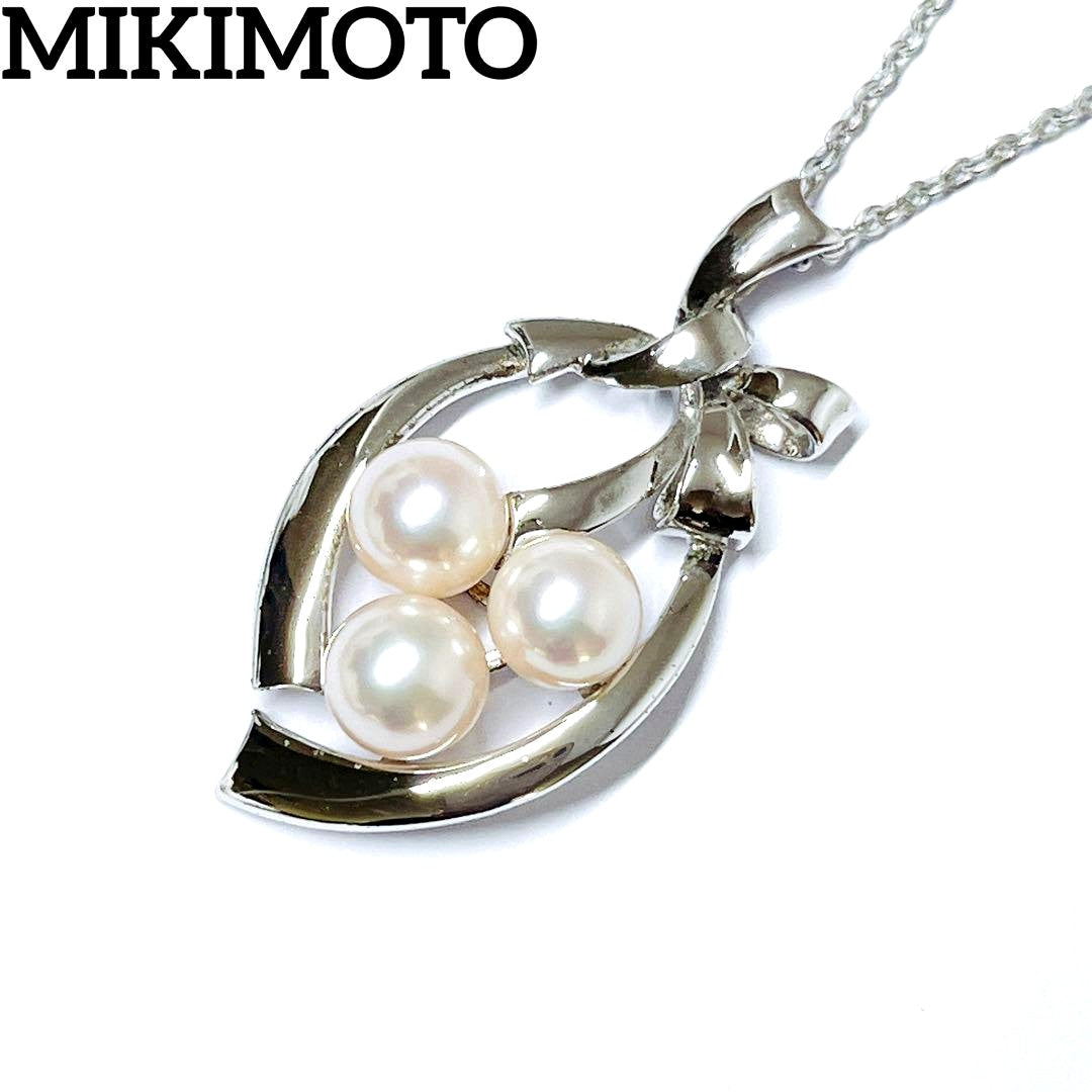 Mikimoto pearl necklace ribbon with 6.1-6.5mm pearls on silver chain, 40cm length