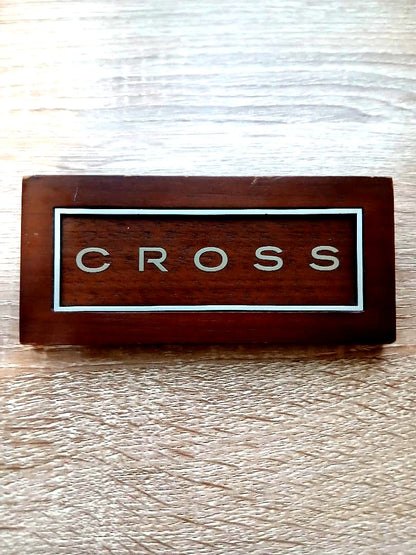 CROSS wooden logo plate with simple double-sided logos brown wood desk accessory 12.4 by 5.5 inches