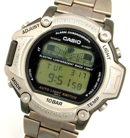 Casio Protrek Tide Graph PRT-111 men's titanium quartz watch with visible surface scratches and titanium case