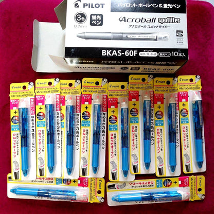Pilot Acroball Spotliter multicolor ballpoint pen with fluorescent yellow refill on white background