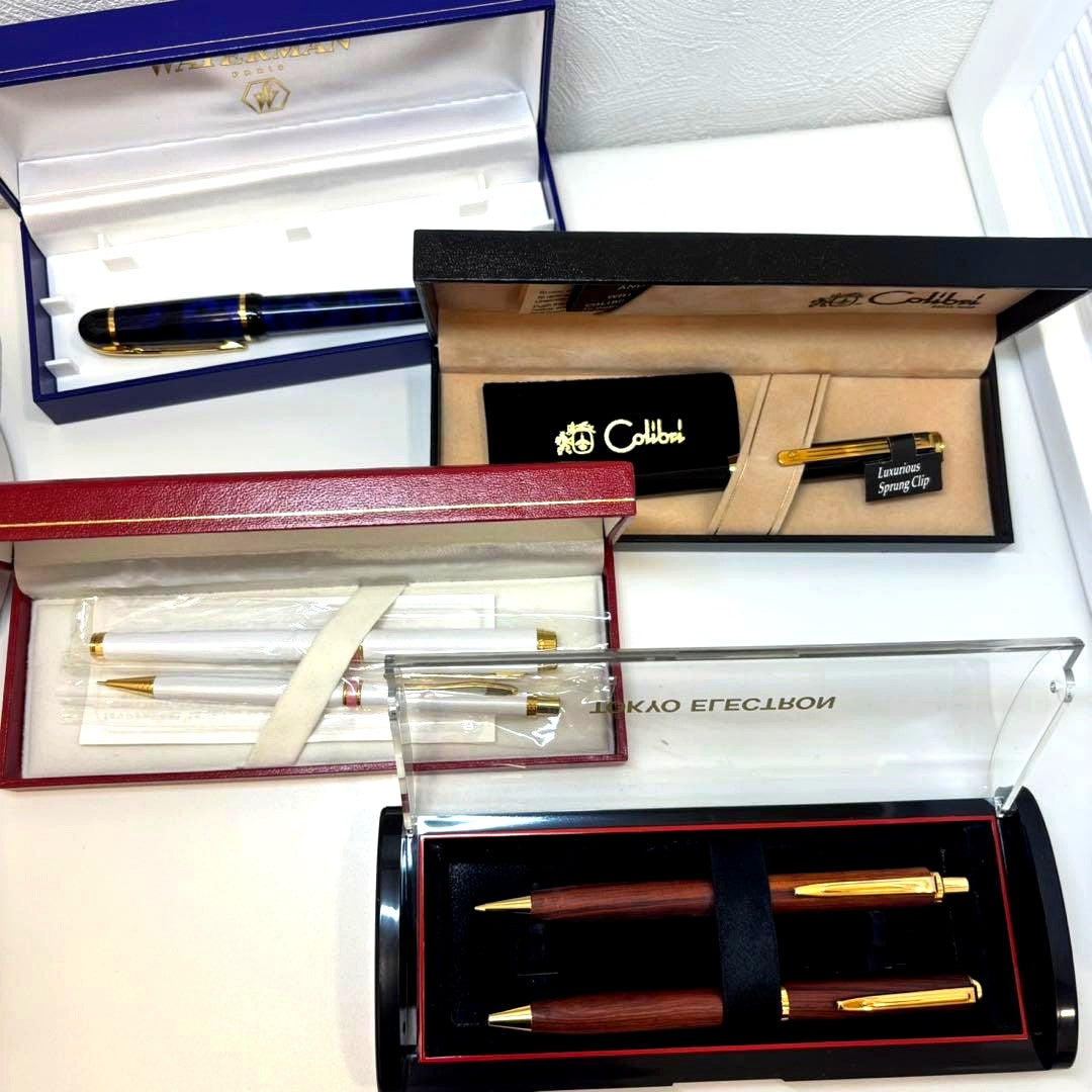 Set of six used pens including Waterman fountain pen, Colibri ballpoint pen, Bernate fountain pen and mechanical pencil, Tokyo Electron ballpoint pen