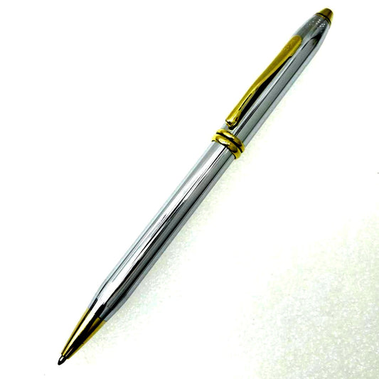 Cross Townsend twist ballpoint pen in chrome gold with blue ink, Japan import, displayed on white background