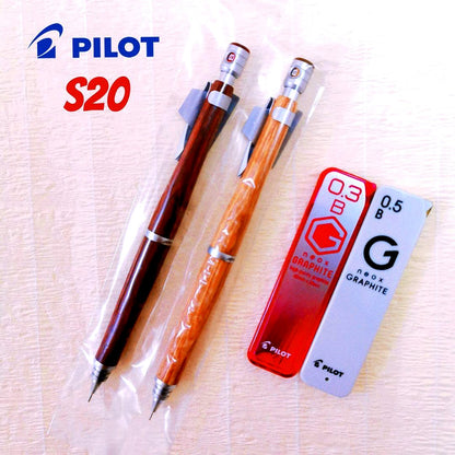Pilot S20 wooden mechanical pencil set with brown 0.3mm and deep red 0.5mm pencils and replacement leads included