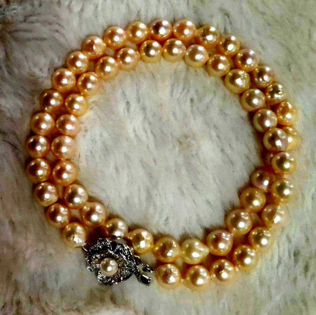 Kuro Teri Strong 7.2mm orange pink Akoya pearl necklace on 44cm silver SV925 chain