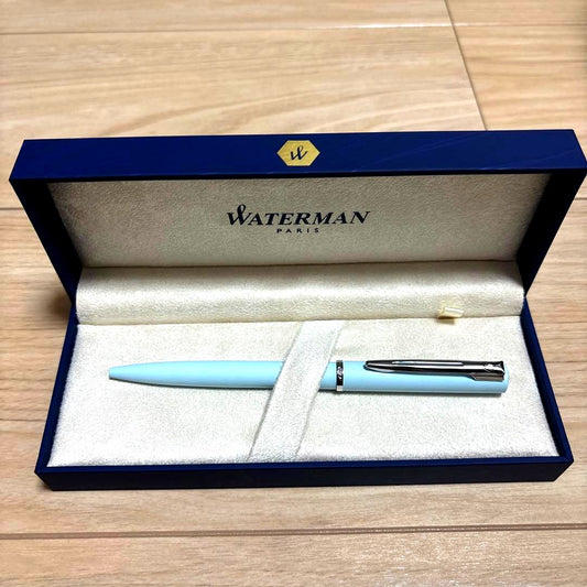 Waterman Water Blue ballpoint pen shown with its dedicated protective case