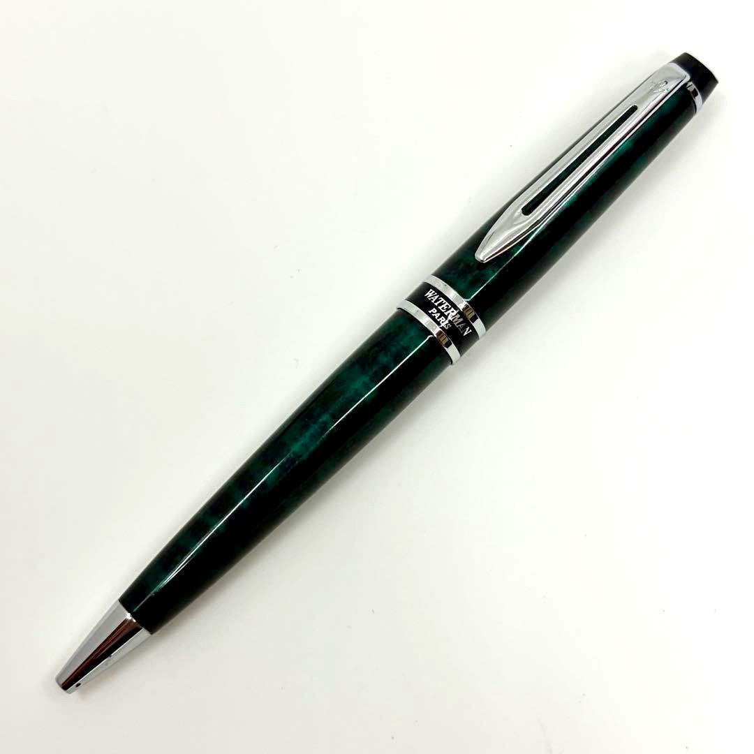 Waterman Expert ballpoint pen in discontinued marble green with chrome trim, shown with cap on