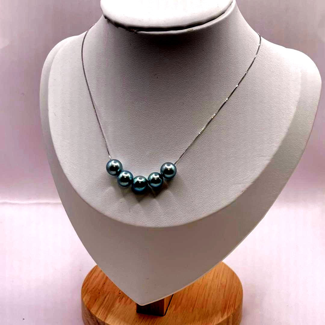 Akoya pearl 5-row pendant necklace with blue 7-7.5mm pearls on S925 silver adjustable chain