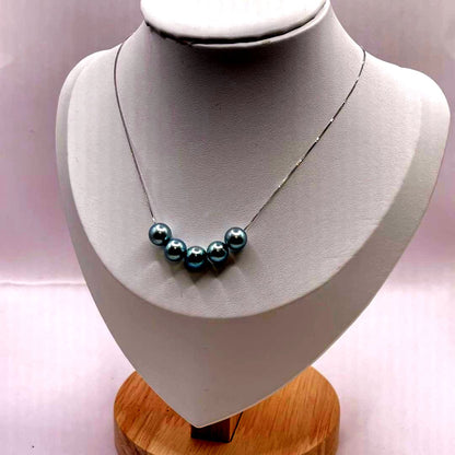 Akoya pearl 5-row pendant necklace with blue 7-7.5mm pearls on S925 silver adjustable chain