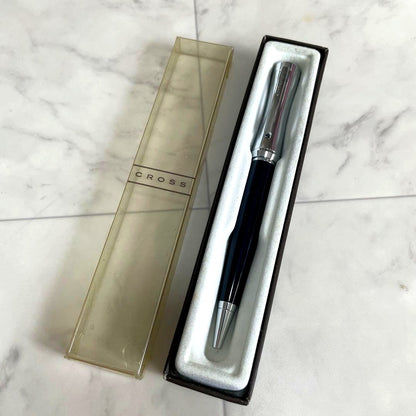 Cross brand vintage ballpoint pen with yellowed case and black ink tested, unused interior
