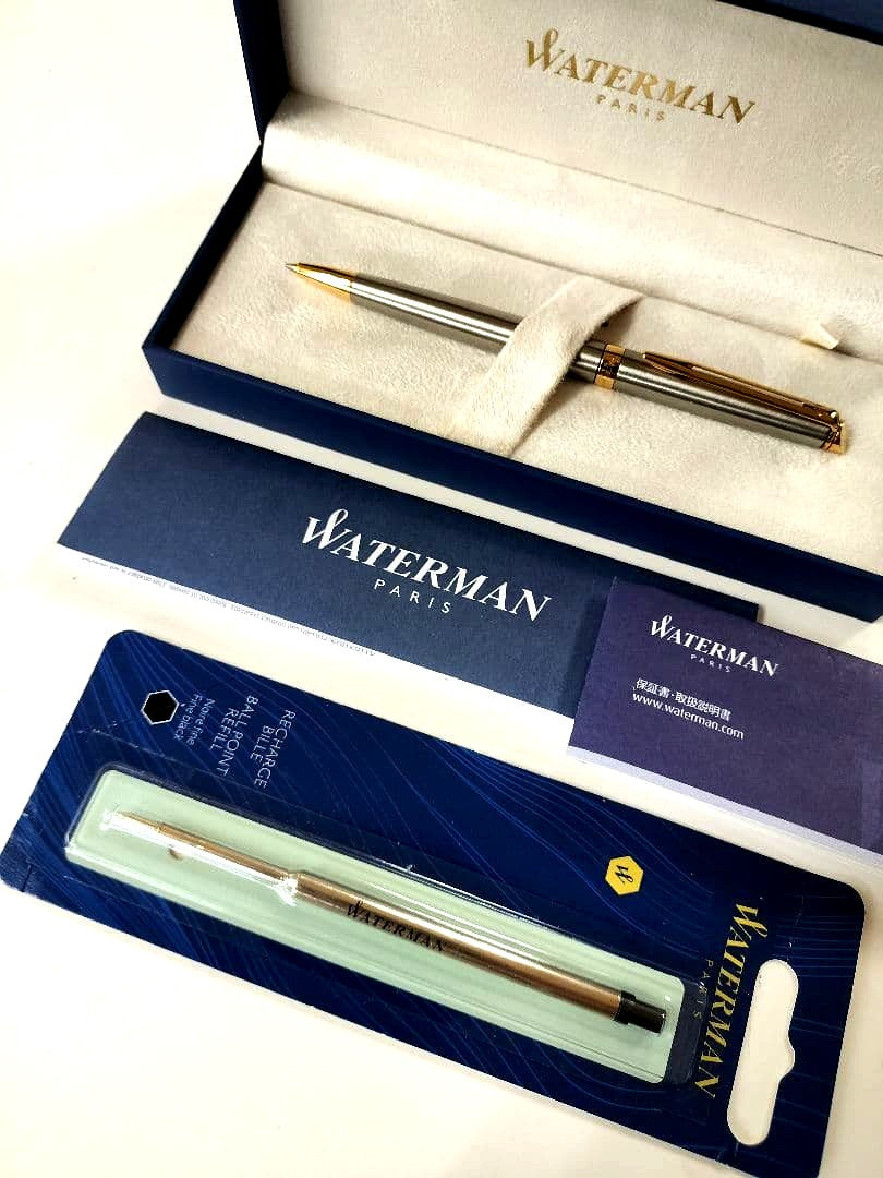 WATERMAN ballpoint pen main body in silver and gold with dedicated case and genuine refill displayed
