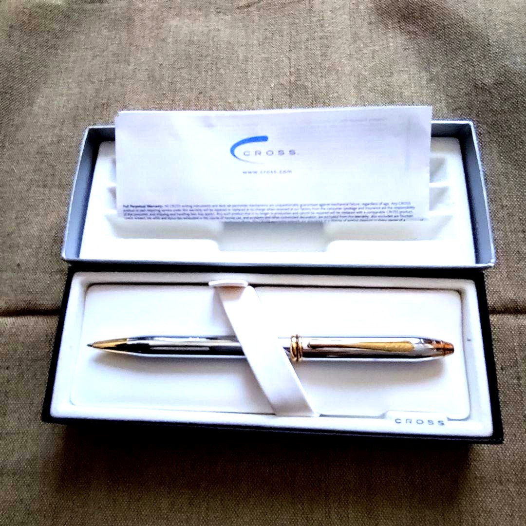 Cross A242 ballpoint pen with silver mirror finish and gold accents, including box and manual