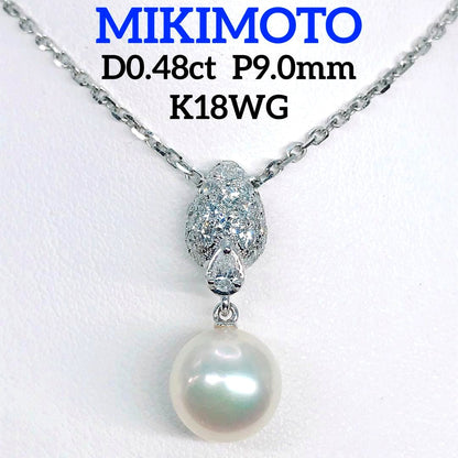 Mikimoto Akoya pearl necklace with 9mm pearl and 0.48ct diamonds set in 18K white gold