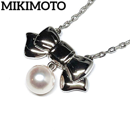 Mikimoto Akoya pearl necklace with 6.7mm pearls and silver ribbon motif pendant on 38.5cm chain