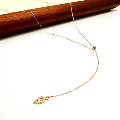 agete K10 gold Y-shaped lariat necklace with leaf diamond pendant and adjustable 60.5 cm chain