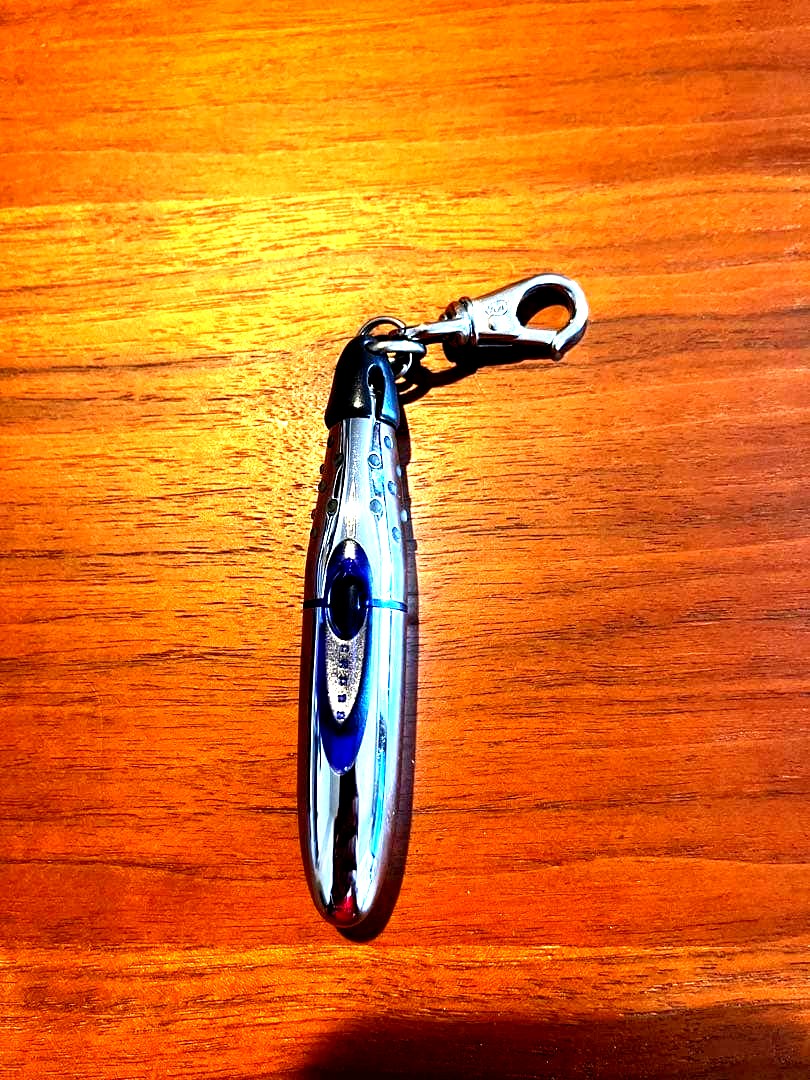 Discontinued CROSS ION blue mini ballpoint pen keychain type with chrome surface and blue body