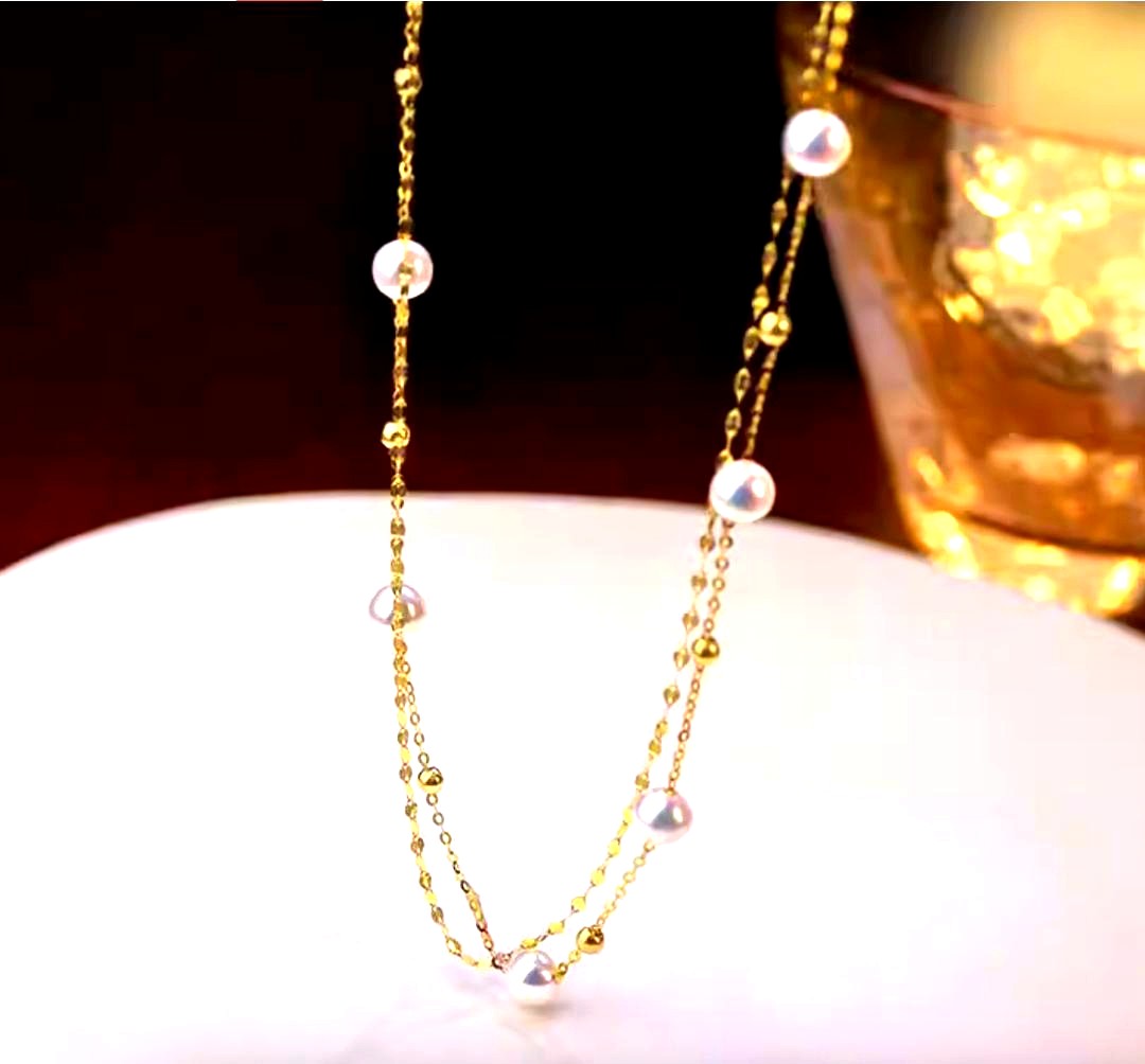Law K18YG Akoya Pearl Station Necklace with 18K double chain and two layers featuring 5-5.5 mm Akoya pearls