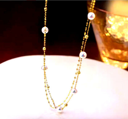 Law K18YG Akoya Pearl Station Necklace with 18K double chain and two layers featuring 5-5.5 mm Akoya pearls