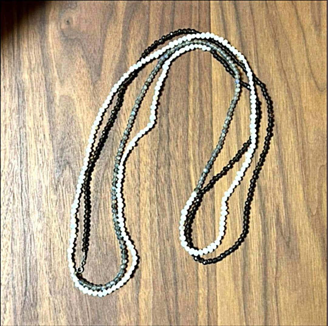 Agete long necklace made with smoky quartz, labradorite, and freshwater pearls, 2 meters in length