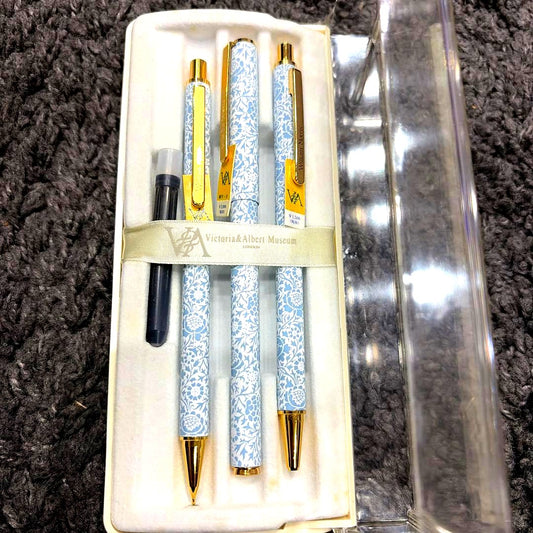 William Morris Collection pen set including ballpoint pen, mechanical pencil, and fountain pen in original box