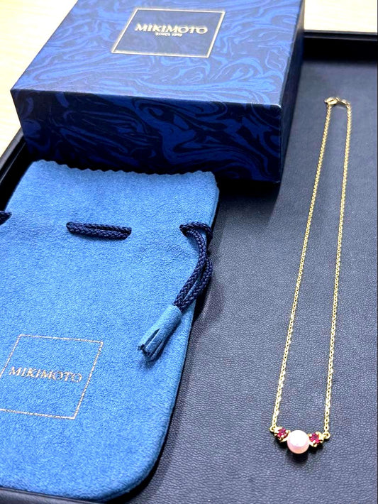Mikimoto Ruby Akoya pearl necklace with 38 cm gold chain, featuring rich red pearls on elegant K18 gold