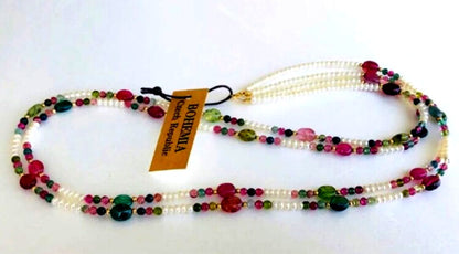 K18 2-strand gold necklace featuring 52 Akoya baby pearls and tourmaline details
