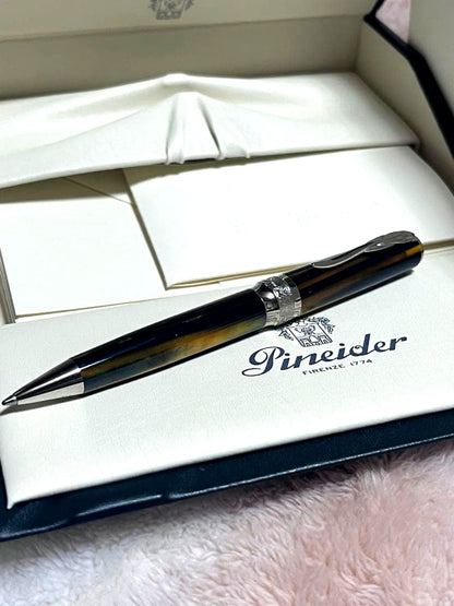 Pineider La Grande Bellezza Arco Blue Bee limited edition twist ballpoint pen with marbled resin body and marine steel clip