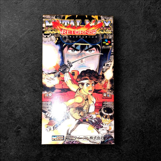 Metal Max Returns SNES game cartridge with original label showing age-related deterioration